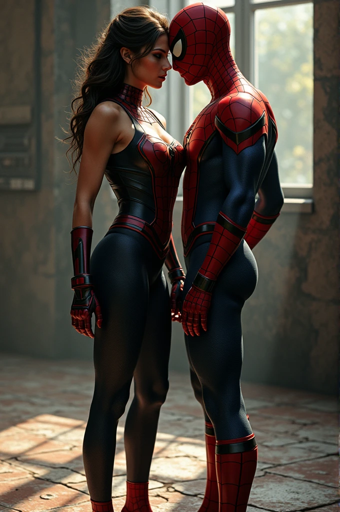 Make a spider woman next to spider man on the tile only with spider man mask and without clothes underneath both of them