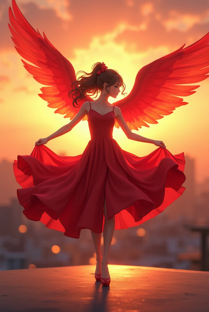 A stunning anime-style girl dances gracefully on the rooftop of a building, set against the backdrop of a glowing sunset. She wears a flowing red dress and vibrant red wings that flutter softly with her movements. Her captivating eyes, perfect nose, and delicate facial features highlight her ethereal beauty. With a flawlessly proportioned figure and smooth, fluid dance moves, she embodies both elegance and power. The warm sunset colors blend beautifully with her red attire, creating an enchanting atmosphere as she enjoys her dance, embracing the beauty of the world from above."