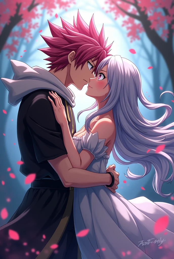 Natsu dragneel from Fairy Tail and pink hair outer moka from Rosario + Vampire kissing