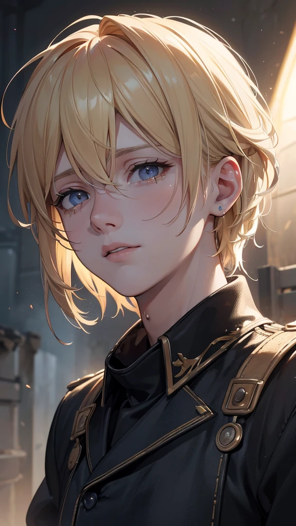 a young blonde man in his 20s crying and screaming while looking up at the sky, surrounded by a battlefield with piles of dead bodies, (best quality,4k,8k,highres,masterpiece:1.2),ultra-detailed,(realistic,photorealistic,photo-realistic:1.37),extremely detailed face and eyes, detailed facial expression, emotional, dramatic, war scene, gritty, dark, somber, muted colors, dramatic lighting, cinematic