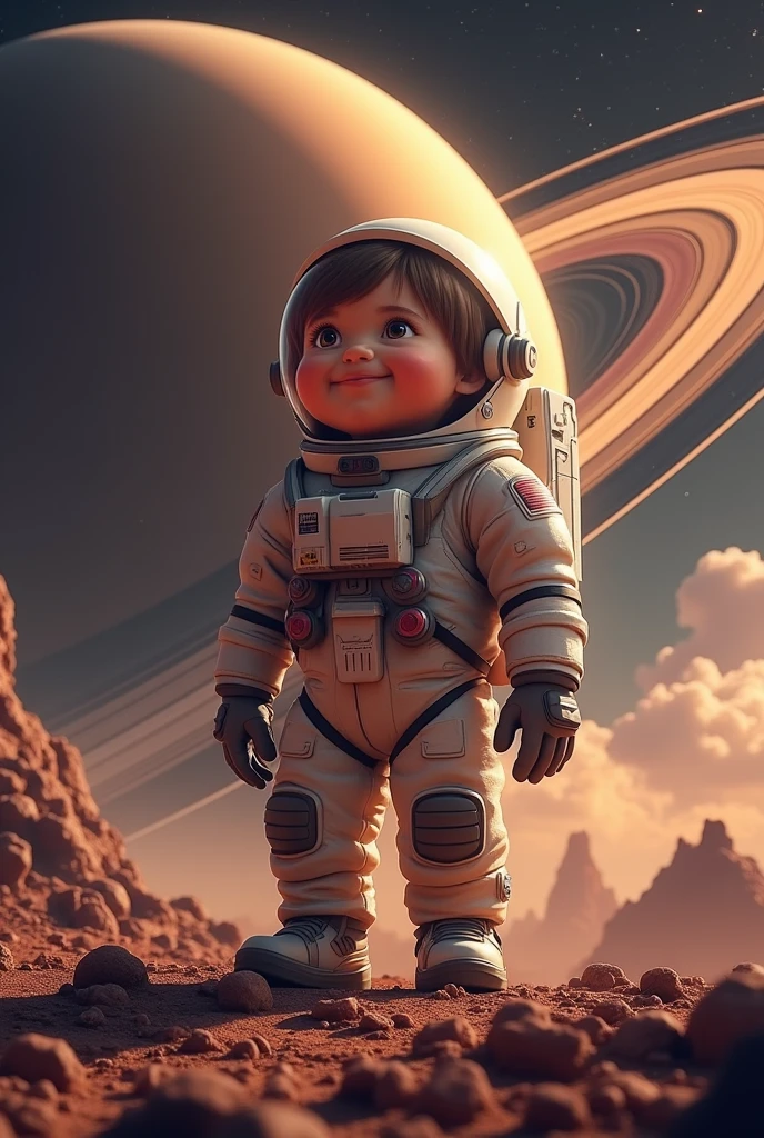 Draw me a picture , chubby boy is an astronaut who landed on Saturn