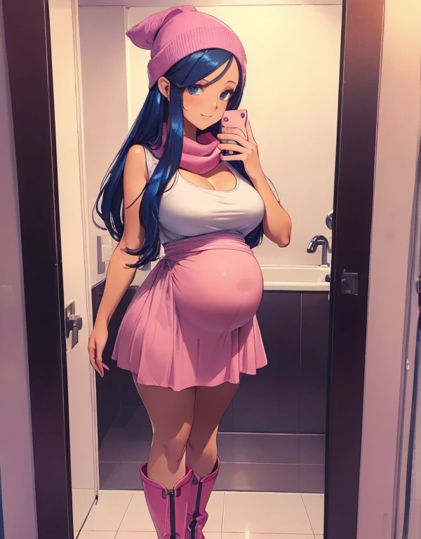 (best quality,4k,8k,highres,masterpiece:1.2),ultra-detailed,(realistic,photorealistic,photo-realistic:1.37)highres,portrait,beautiful pregnant girl,taking a selfie in a public bathroom mirror, full body,glossy reflection,\(pokemon\), beanie, long hair, blue hair, blue eyes, detailed eyes, beautiful eyes, black sleeveless shirt, pink scarf, pink skirt, pink boots, body shape, third trimester of pregnancy, down blouse,[metallic mirror],vibrant colors,soft lighting,hint of mystery,subtle smile,stylish outfit,impressive attention to facial details,expressive eyes,luscious lips,long eyelashes,shiny hair flowing down,urban backdrop,modern ambiance