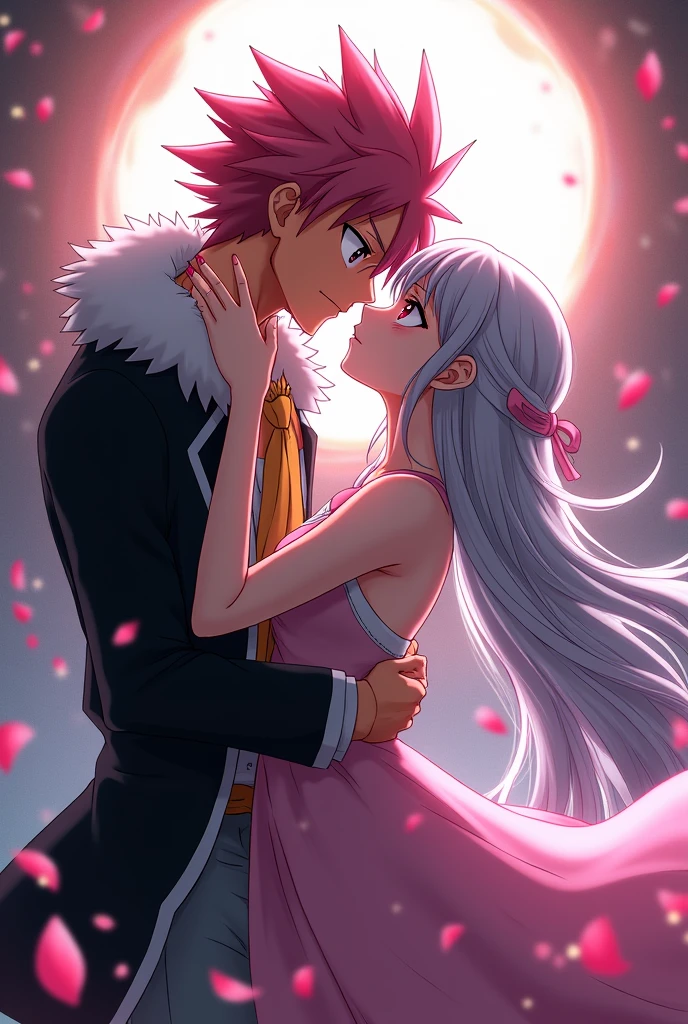 Natsu dragneel from Fairy Tail and pink hair outer moka from Rosario + Vampire kissing