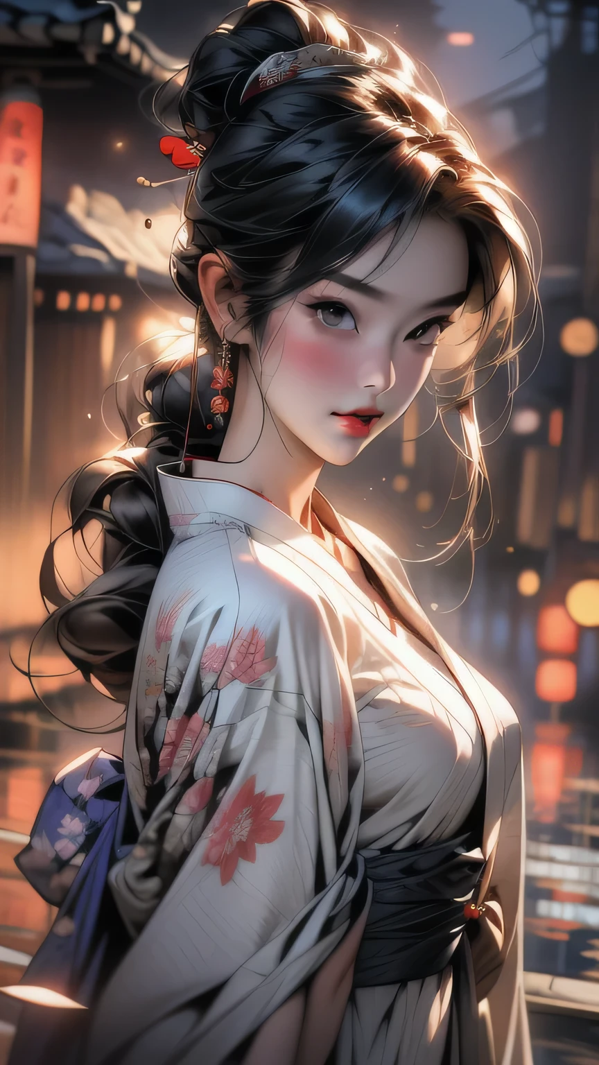 (Cinematic Light, 最high quality, 8k, masterpiece: 1.3), (The world is wonderful, Japanese Goddess, One beautiful woman in the Japan), (necklace, bracelet, anklet, Leg Ring), (Cleavage, sexly, Highly detailed breasts), (Big Tits), Årafed woman in kimono, kimono, classic kimono, kimono, Japan kimono, long beautiful flowing kimono, intricate geisha kimono, blue kimono with floral pattern, Japanese style, wearing kimono, Legs wide open, Inspired by Kano Hogai, masterpiece, 最high quality, high quality, High resolution、((Upper body portrait))