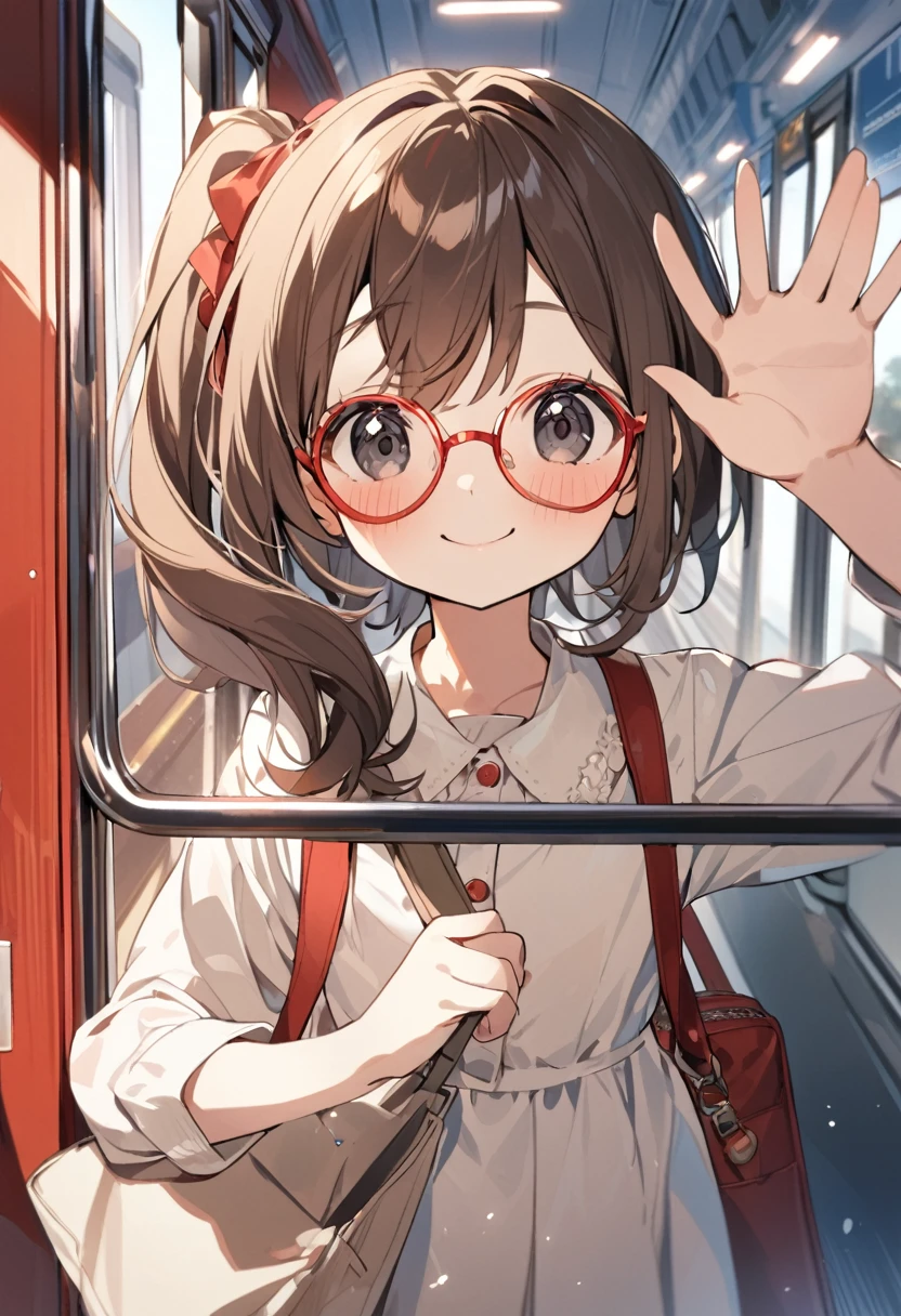 1girl,10yo,brown hair,black eyes, red colored round eyewear, side ponytail,smile, blushful,A passenger leans out of a train window, waving goodbye as the train begins to move away from the station