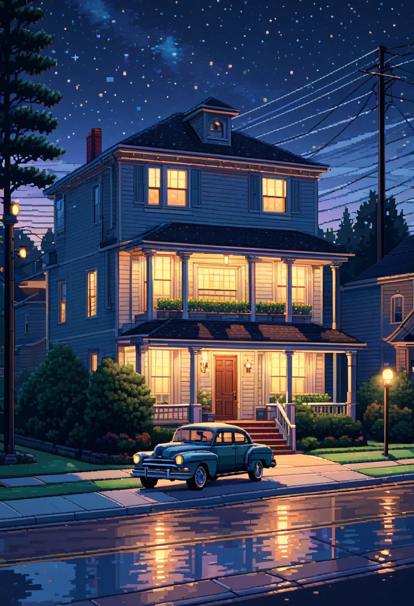 "Pixel art of a quiet suburban neighborhood street at dusk, with a vintage car parked in the driveway of a house. Warm lights glow from the windows, and a starry night sky twinkles above