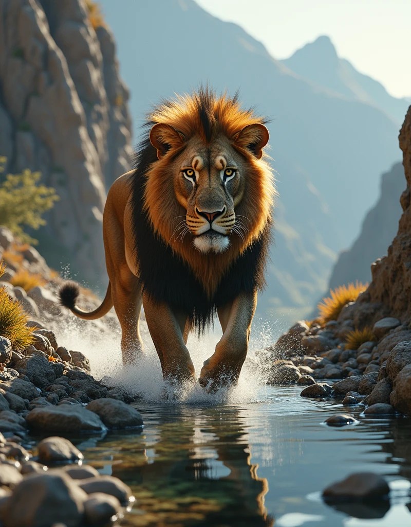 "In a high-resolution (4K) image, a large, realistic lion is depicted as it descends from a rugged mountain to drink water. The lion should be detailed with lifelike fur, powerful muscles, and a majestic mane. It is carefully navigating down a steep, rocky slope with a focused, determined expression. The background features a dramatic mountain landscape with jagged rocks, sparse vegetation, and a clear, reflective water source at the base of the mountain. The lighting should highlight the lion’s features and the rugged terrain, creating a dynamic and immersive scene. The overall mood should convey the grandeur and natural beauty of the lion’s journey in its habitat."