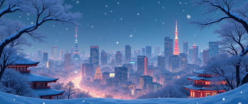"Create a stunning anime-style illustration of a beautiful Tokyo cityscape in winter. The scene should feature a snowy ambiance with delicate snow dust falling gently. Highlight iconic Tokyo landmarks, such as skyscrapers and traditional architecture, with vibrant city lights. The image should capture the magic of the city in winter, blending modern and traditional elements with a serene and picturesque atmosphere."