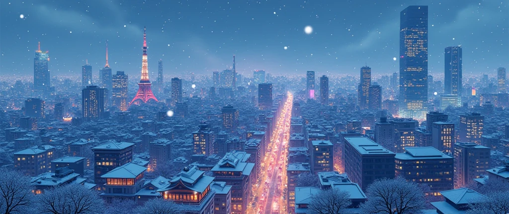 "Create a stunning anime-style illustration of a beautiful Tokyo cityscape in winter. The scene should feature a snowy ambiance with delicate snow dust falling gently. Highlight iconic Tokyo landmarks, such as skyscrapers and traditional architecture, with vibrant city lights. The image should capture the magic of the city in winter, blending modern and traditional elements with a serene and picturesque atmosphere."