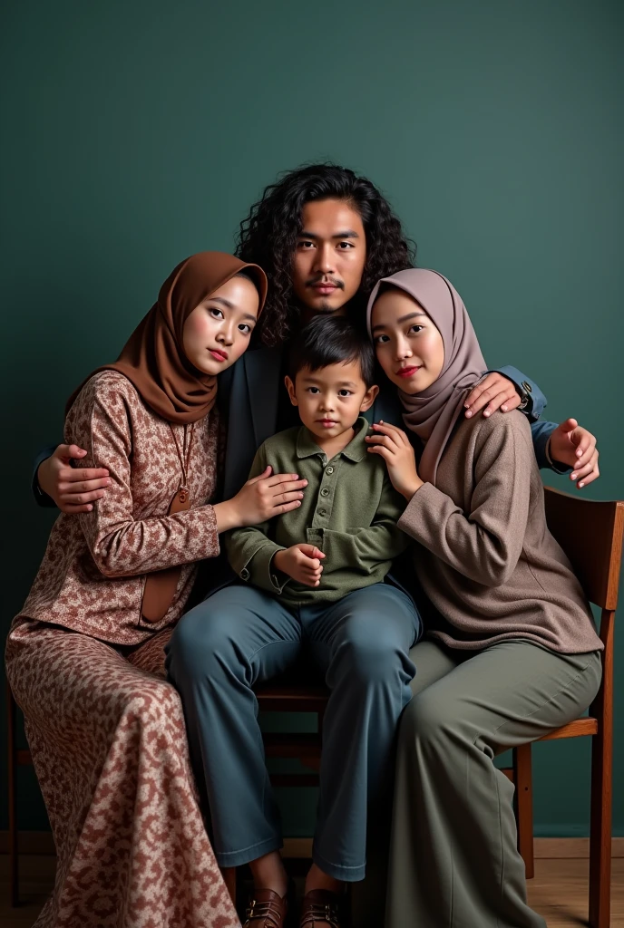 Photography of a 20 year old Asian guy with long curly hair wearing a cool jacket, trousers and shoes, hugging a 3 Indonesian young mother wearing a hijab sitting on a chair wearing a cool kebaya with a cool background