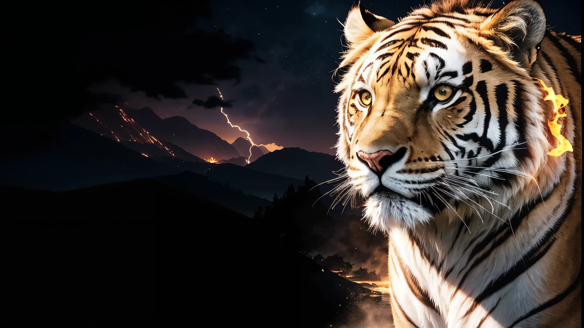 tigre, Divine tiger, naturals, naturals, ferocious, masculine, mighty, Golden and white tiger, Powerful Tiger, beautiful nature, Great Realistic, FullHD 8k, Light of sky, sunset night, Clear sky Sun, golden black, black andwhite, black and gold, detailed realistic face, 8k Detailed Realistic White Tiger, ultrarealistic 8k |Energia de thunder realista detalhada, Strong Creature realista detalhada, Strong Creature, male lion, Rendering, Fotorrealista 8k, UltraHD Alta definição 8k, Detailed Realista 16K, Nitidez Fotorrealista 8k, 16K photorealistic textures, Contraste Fotorrealista 8k, Sombras Fotorrealistas 8k, Luzes Fotorrealistas 8k, Detailed Realistic Sunset, Detailed Realistic leão Face, Detailed realistic light, detailed textures, thunder, detailed shadows, detailed colors, Celestial Electricity, Golden thunder, Realistic Lion, Ultra Realista 16K, Realista 16K, Realista 16K sharpness, 16K photorealistic textures, 16K realistic colors, powerful creature, Majestic power, Power of Heaven, Great Divine, naturals, detailed contrast, realistic contrast, high resolution, detailed colors, fire, villany, divine creature, 8k, realistic detailed, 16K, 8k, High definition, detailed contrast, realistic contrast, high resolution, detailed colors, fire, villany, divine creature, realistic detailed, chic, ferocious,