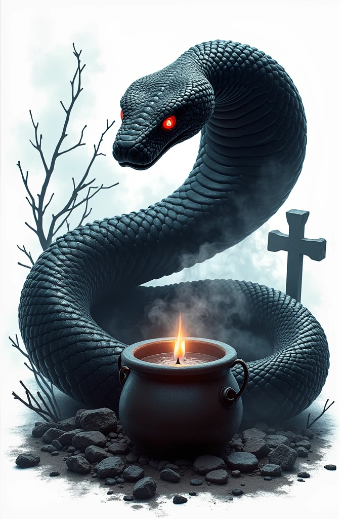 Black snake logo on white background, viper, Lair, cauldron, realisitic, Black Snake, Spell, cauldron, black manba viper snake, Eyes red, fire, cemetery, smoke, a snake, fundo branco, cobra perfeita, logo, cemitério vela preta acesa cemitério, fundo branco