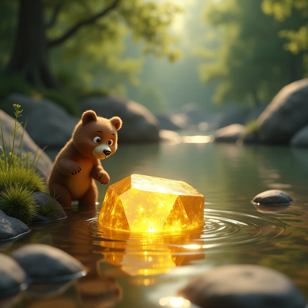 Close-up of golden stone in the river, with the little bear watching her in amazement.