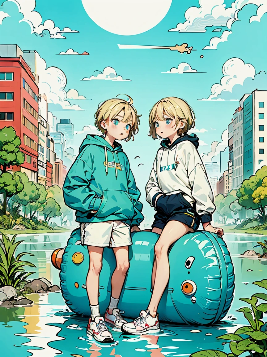 8k resolution、((Highest quality))、((masterpiece))、((Ultra-detailed))、1 female、solo、Unbelievably absurd、Oversized hoodie、Headphones、street、Plein Air、Rain at night、neon、Short Hair、Light-colored eyes、Put your hands in your pockets、Shorts、Water droplets fall