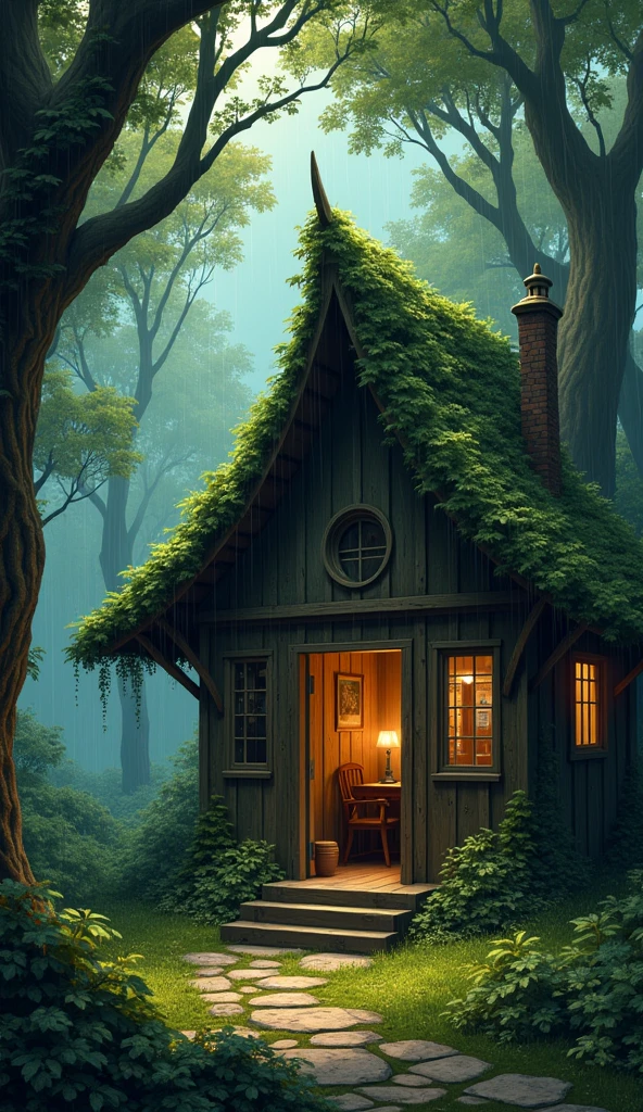 A snug room nestled among towering trees, with rain dripping from leaves onto the roof. The earthy scent of the forest and the distant roll of thunder.