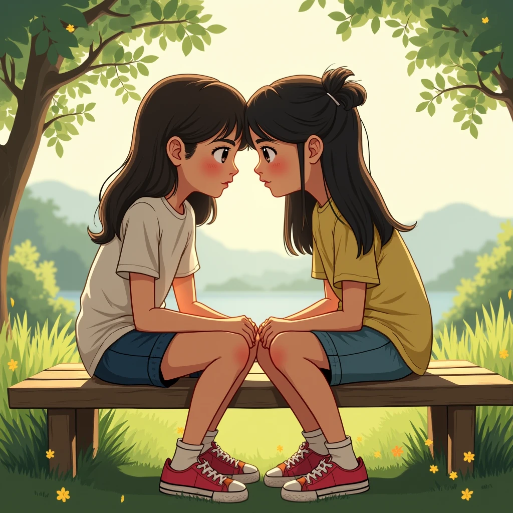 2 girl seting  on bench


