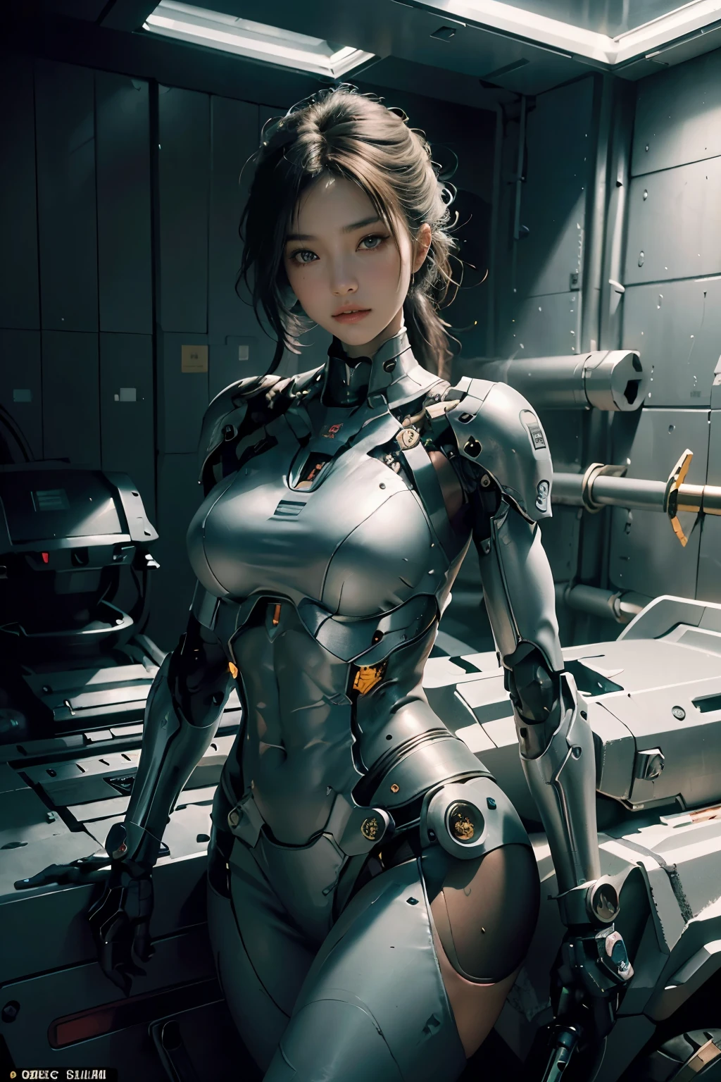 ((extremely delicate and beautiful cybernetic girl)), ((mechanical limbs)), ((detailed face and eyes)) (blood vessels connected to tubes), (mechanical vertebrae), ((mechanical cervical attaching to neck)), (wires and cables attaching to neck:1.2), ((mass of wires and cables on head)), (character focus), (((dynamic pose))),  ((cowboy shot)), (masterpiece), (((best quality))), ((ultra-detailed)), (highly detailed photorealistic CG illustration), cinematic lighting, science fiction, extremely detailed,colorful,highest detail, ((random panty, cameltoe)), squatting, cyberpunk city background.