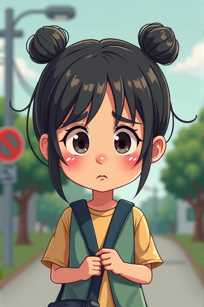 girl walking going to school sad face
 (cartoon)  (ONE bun hair) close up