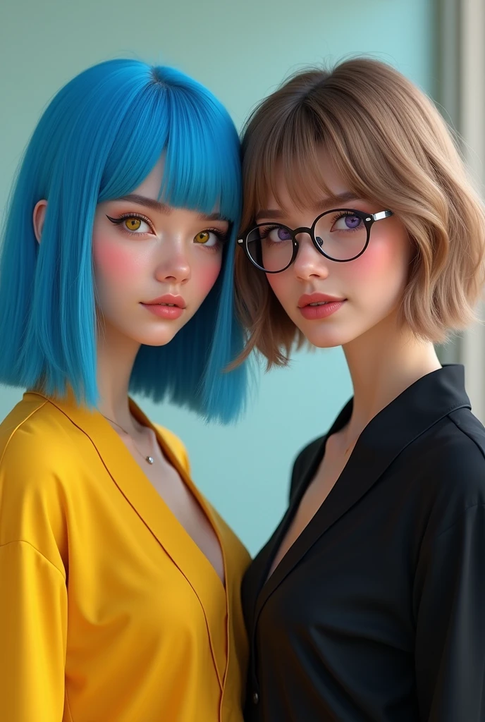 Two Girls 20 years old. One with bright blue hair that is just a little longer than her shoulders., with bright yellow eyes and in bright yellow clothes. The second one has light brown hair cut into a bob with lightening at the ends., with round glasses and dark purple eyes, in black clothes.