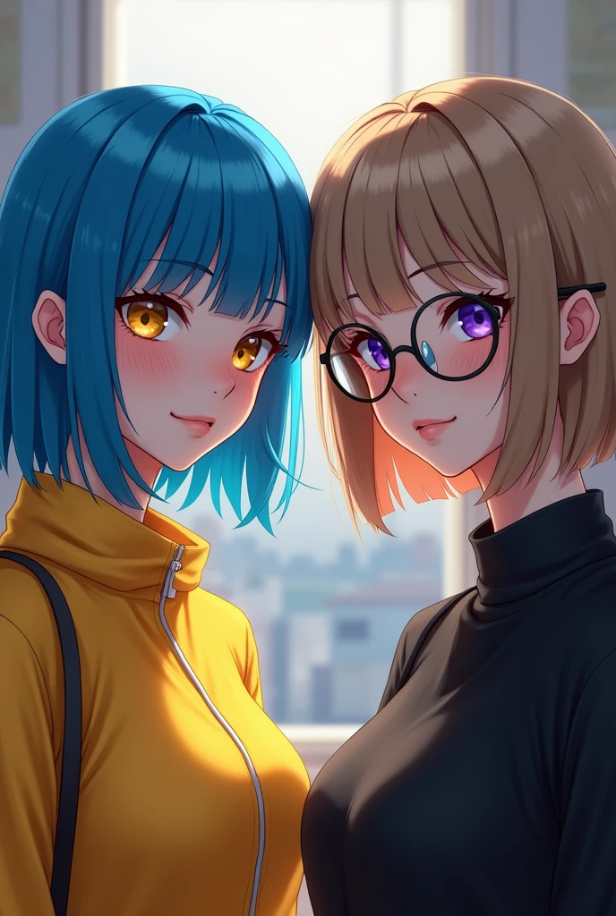Two Girls 20 years old. One with bright blue hair that is just a little longer than her shoulders., with bright yellow eyes and in bright yellow clothes. The second one has light brown hair cut into a bob with lightening at the ends., with round glasses and dark purple eyes, in black clothes.