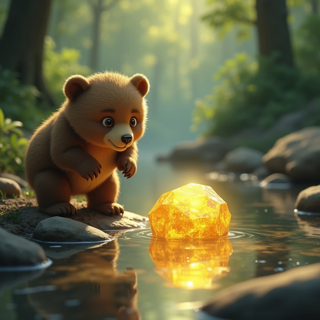 Close-up of golden stone in the river, with the little bear watching her in amazement.
