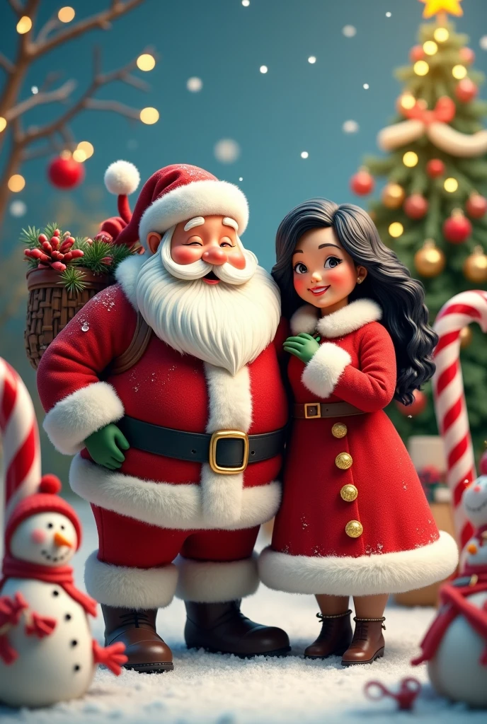 Santa Claus with his chubby wife black hair candy canes snowman snowflakes Christmas tree elves fairy lights bunch