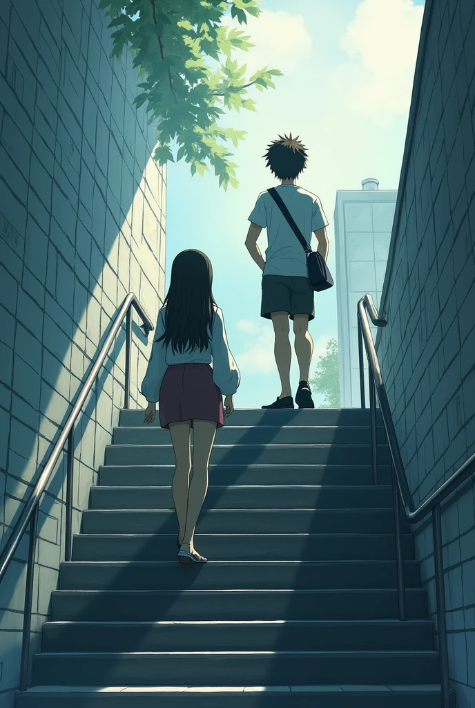 The scene is on metro station stairs a girl is walking downstairs and the stair contains 30 steps and she is standing on 5th stair and a boy who is standing on the 30th stair holding the handrail with his left hand and bending  towards right tilting his head and left leg on air and right leg on stair to see the girl who is in the downstair and boy is wearing a bag