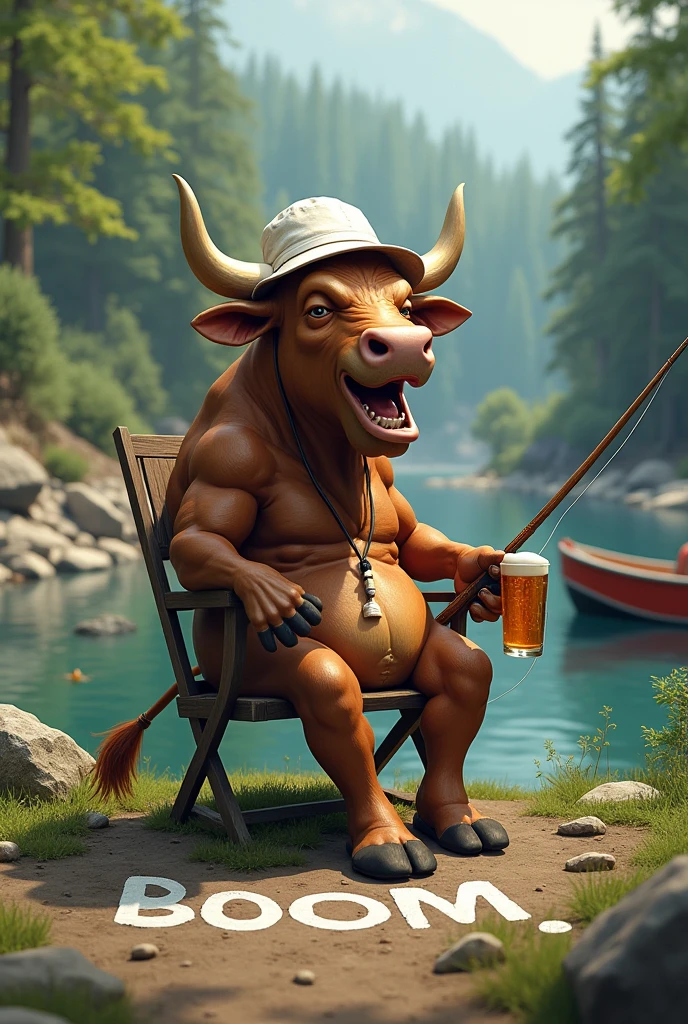 A laughing and fishing bull, with his fishing rod, well defined:1.3, sitting on a chair by a river, holding a fishing rod, drinking a beer, wearing a white bucket hat wrote $BOOM, boat nearby, surrounded by a forest and rocks, extremely detailed, funny, satirical surreal scene.