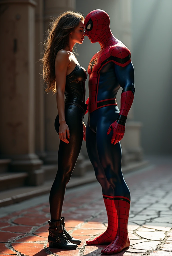 Make a spider woman next to spider man on the tile only with spider man mask and without clothes underneath both of them