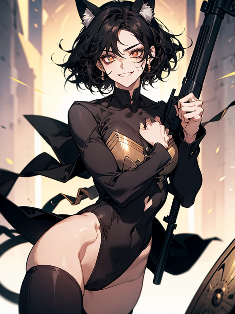 1 woman, holding guns, short curly black hair, small cat ears, fluffy tail, vertical, slit-shaped pupils, golden eyes, evil big smile, scars on her body, muscular legs, small waist, flat chest