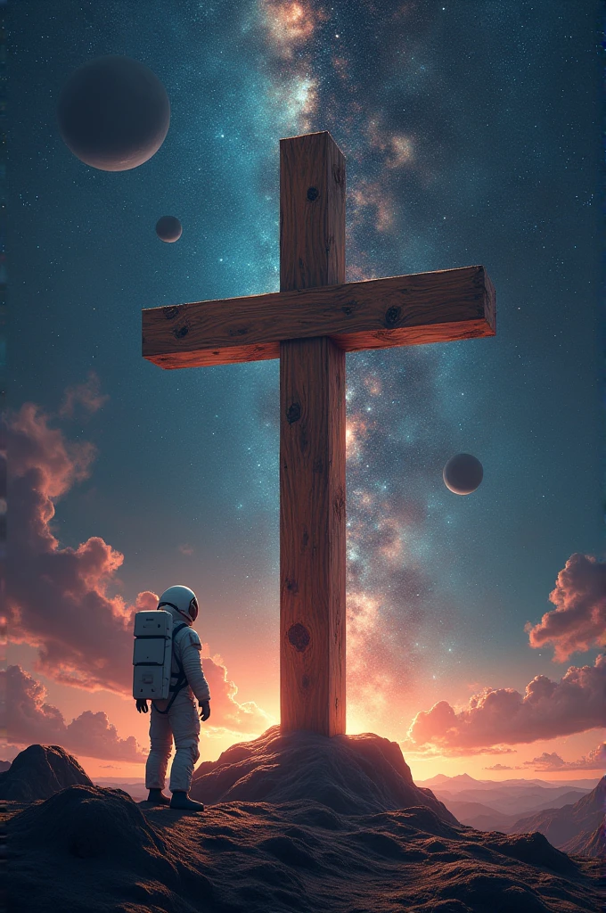Wooden cross , in outer space , constellations , stars , planets , an astronaut