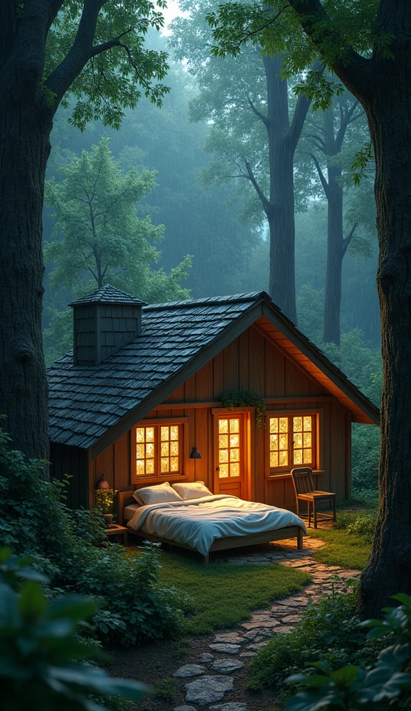 A snug bedroom nestled among towering trees, with rain dripping from leaves onto the roof. The earthy scent of the forest and the distant roll of thunder.