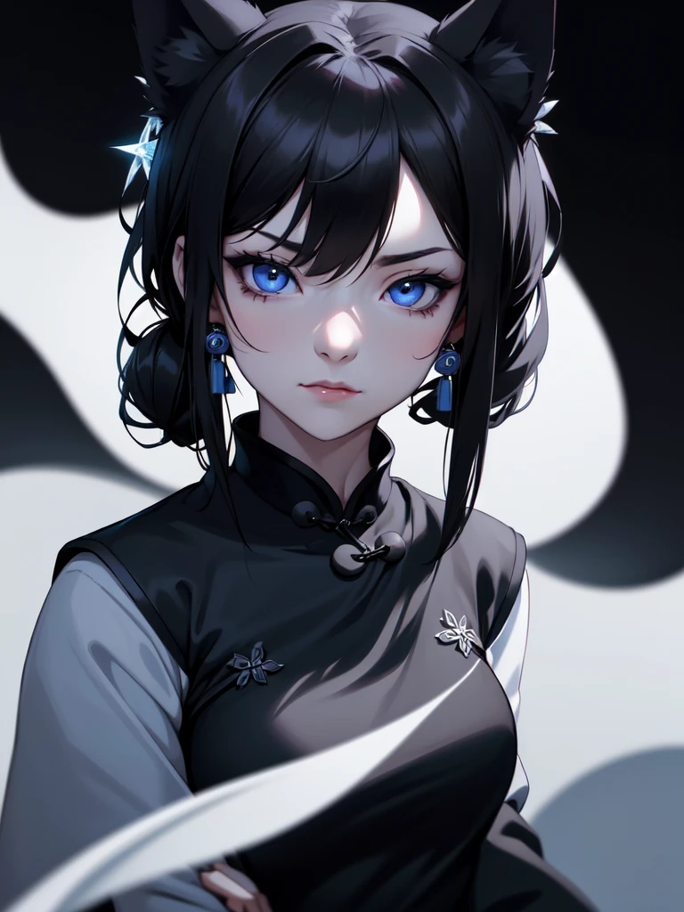 (((Portrait Photo))), She has the Appearance of a Regal Teenager, with a Strong, Muscular Build, and Cold Pale Skin that Exudes Elegance. She has Black Hair Tied into Twin Low Ponytails, Keeping it Neat and Out of Her Face. The Top of Her Head is Shaped Like an Odango to Resemble Dark Wolf Ears. Her Icy Blue Eyes Reflect the Piercing Gaze of a Husky—Intense, Intelligent, and Unyielding. Her Expression is Calm and Composed, with a Subtle, Knowing Smirk, Perfectly Embodying the Essence of Pride and Excellence. (((Dark Background))), (((Portrait Photo))), (((Black Cheongsam with Loose Sleeves)))