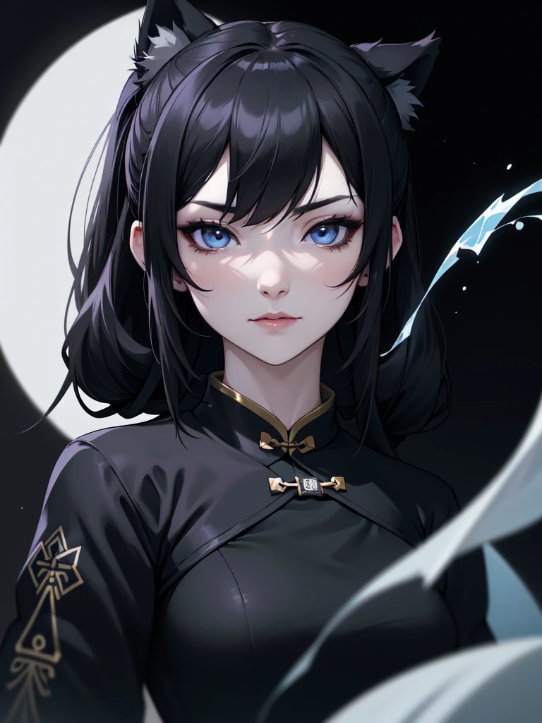 (((Portrait Photo))), She has the Appearance of a Regal Teenager, with a Strong, Muscular Build, and Cold Pale Skin that Exudes Elegance. She has Black Hair Tied into Twin Low Ponytails, Keeping it Neat and Out of Her Face. The Top of Her Head is Shaped Like an Odango to Resemble Dark Wolf Ears. Her Icy Blue Eyes Reflect the Piercing Gaze of a Husky—Intense, Intelligent, and Unyielding. Her Expression is Calm and Composed, with a Subtle, Knowing Smirk, Perfectly Embodying the Essence of Pride and Excellence. (((Dark Background))), (((Portrait Photo))), (((Black Cheongsam with Loose Sleeves)))