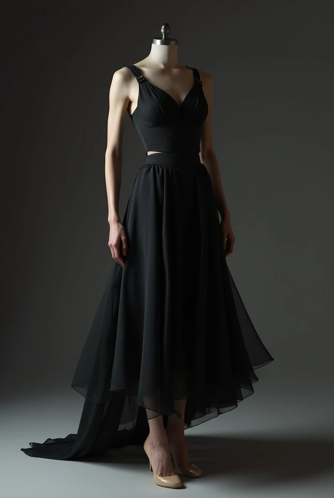 Make me a sketch of a costume, para carmen, a work of modern ballet and contemporary dance. I want a dress for the main dancer, carmen, that reaches your knees, negro, something elegant, with the minimum of shine, and a small percentage of flamenco style