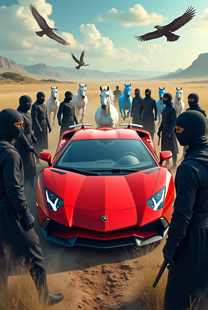 Red lamborgani on with ten strong ninjas on earth
with five white and five blue horses and five eagles flying in sky and eating panner with salad