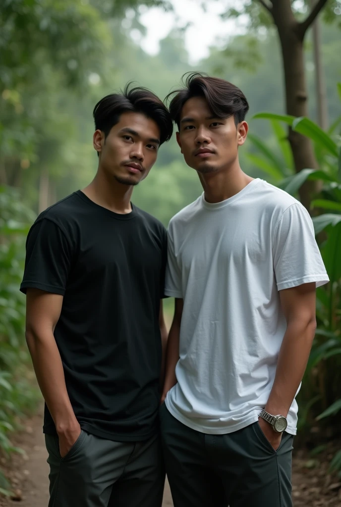 2 Man beautyful southeast asia
1 person wear T shirt full black
1 person wear T shirt full white
Hide his face