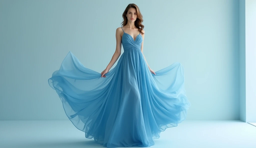 A woman in a blue dress stands in a room., Cool blue dress;, elegant dress, Sky-blue suit, blue dressยาว, Let's rent it., usando um elegant dress, Light green dress, blue dress, Elegant and elegant long dress, Free belly navy blue dress, Have a thin waist, Wear an evening gown., turquoise
