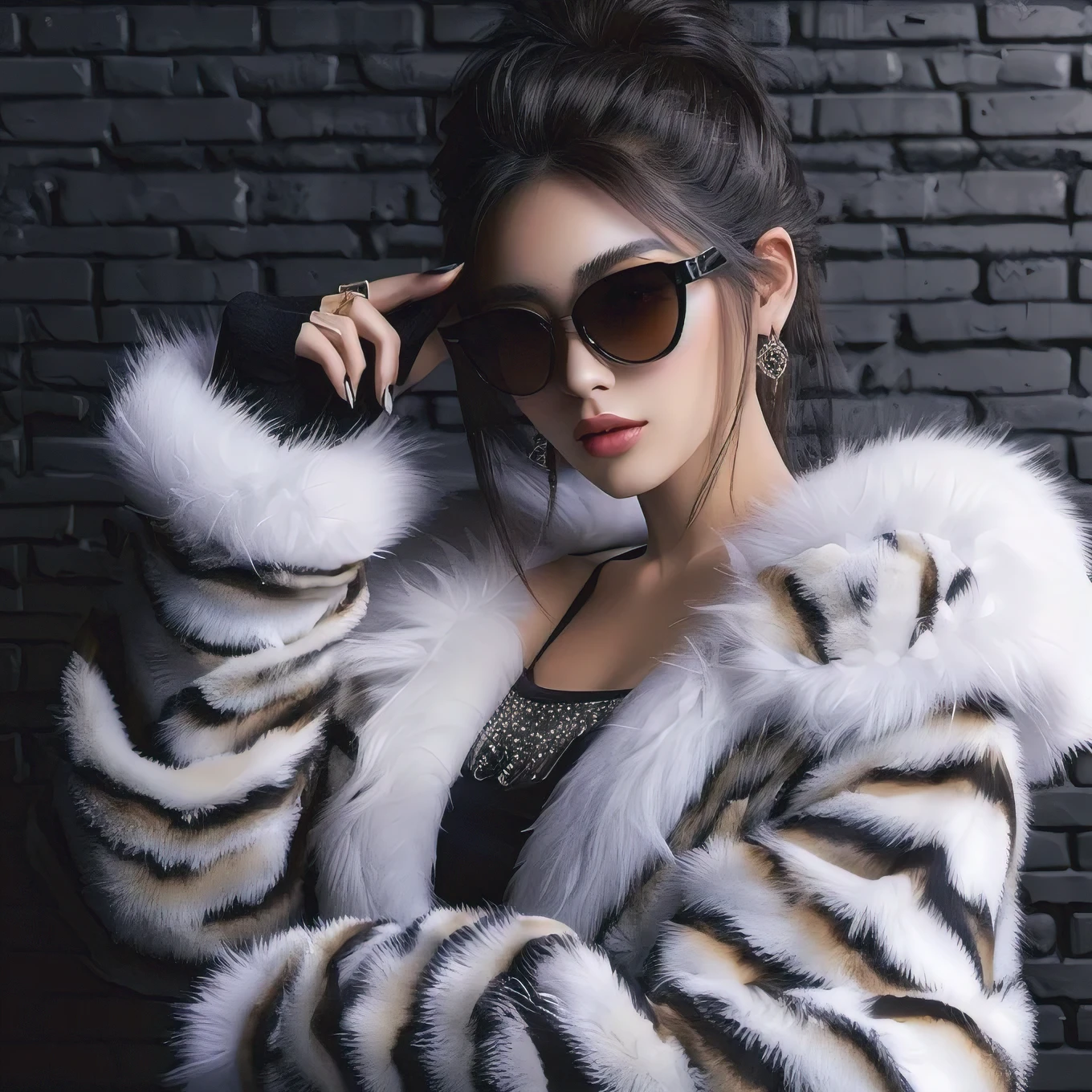 araffe woman in a fur coat and sunglasses posing for a picture, black and white fur, hyper realistic fur, fur coat, fur jacket, photo realistic style, korean women's fashion model, cool style, hyper realistic style, digital art - w 0, high quality 3d realistic, realistic style, with sunglasses, high quality realistic, very big breast, Transparent Tank Top 