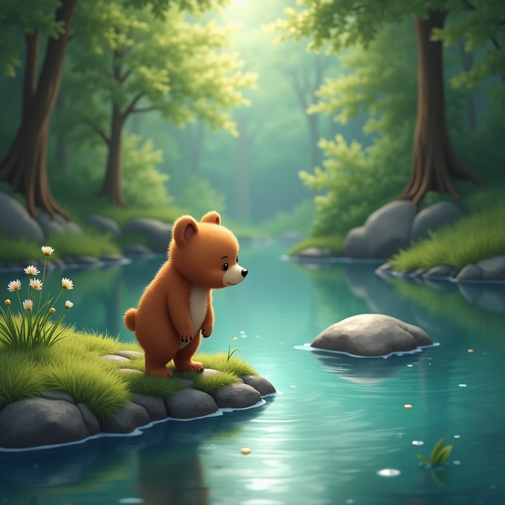 The little bear looks out over a crystal-clear river, looking curiously at a shiny stone in the background.