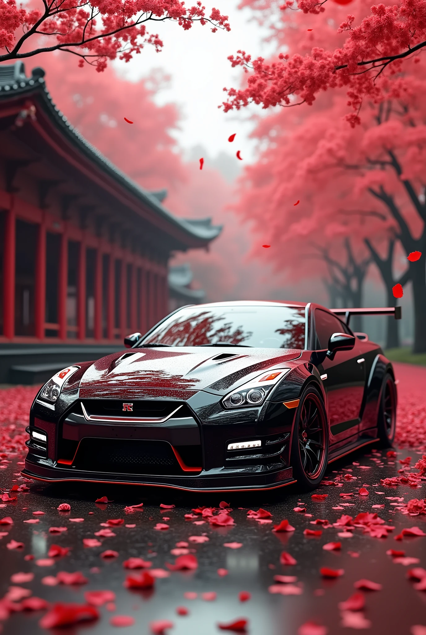 A masterfully crafted 8k art photography of a sleek, modified Nissan GTR NISMO in JDM color, showcasing black and red metallic tones. The car is meticulously placed amidst a serene Japanese temple, surrounded by vibrant red cherry blossom sakura petals that float through the air. The composition is a seamless blend of photorealistic concept art and cinematic lighting, reminiscent of the masterful techniques employed by Raphael, Caravaggio, and Greg Rutkowski. The render showcases natural volumetric lighting, with soft, perfect shadows that evoke a chiaroscuro effect. The image pays homage to the works of artists such as Beeple, Beksinski, and H.R. Giger and is sure to captivate and inspire viewers with its breathtaking beauty and attention to, 3d render, cinematic, photo