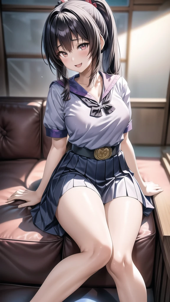 A Thai high school girl in an anime style with long ponytails sits on a sofa holding a microphone and sings in a karaoke room, while smiling playfully. The room is dark and dim.
Renaissance, anime style, drop shadow, anatomically correct, best quality, UHD, masterpiece, anatomically correct, best quality
