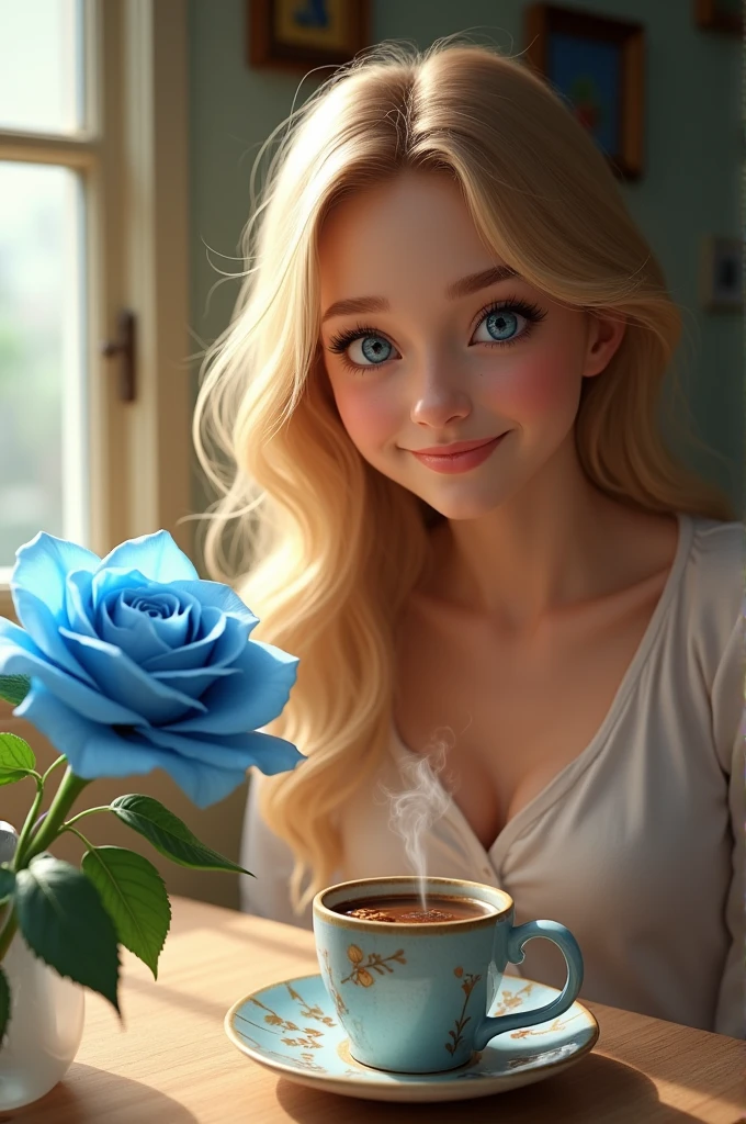 Beautiful pretty girl smiling face with blue eyes
Blue rose and cup of coffee