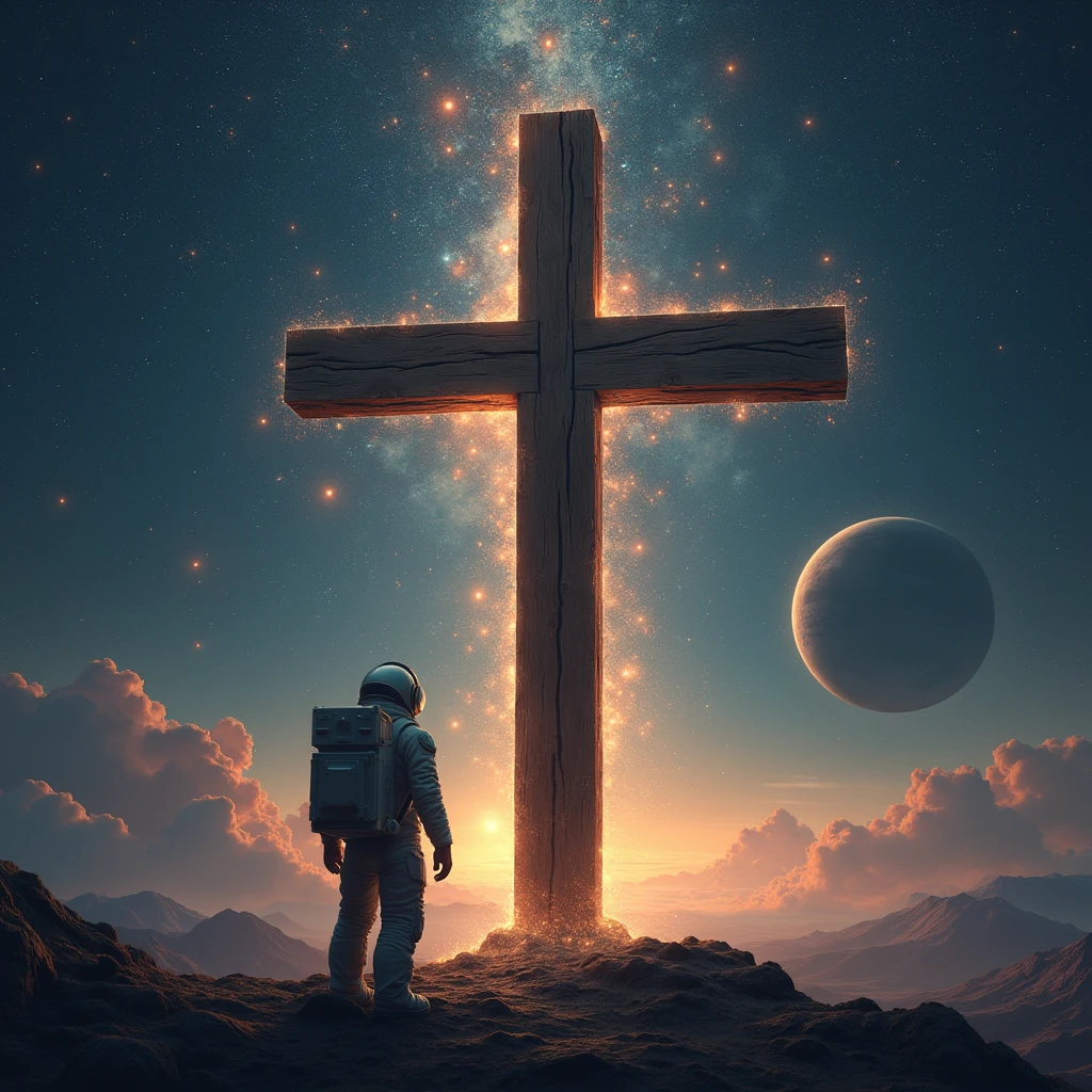 Wooden cross , in outer space , constellations , stars , planets , an astronaut