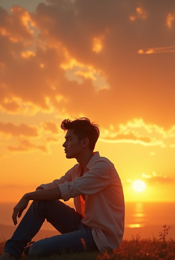 (8k, RAW photo, best quality, masterpiece:1.2),(realistic, photo-realistic:1.37), ((best quality)), ultra high res,extremely detailed CG unity 8k wallpaper, physically-based rendering,cinematic lighting,full body, (bokeh:1.4), (1boy), sit, watch sunset, warm sunset, beautiful sky, cloudy, airplane trails, view from far, from below. Showing her nipples.
