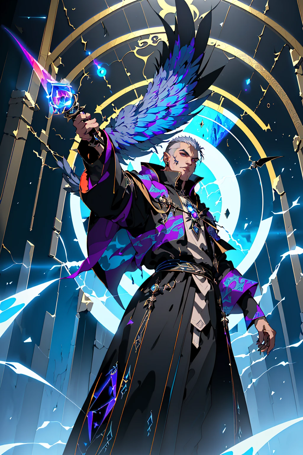 (((Epic illustration of a portal-creating wizard))),((man, shaved hair)), (black coat, neck with plumage, sleeves with plumage, coat with arcane patterns), (earring in right ear, short hair), dark staff, ((portal spell)). (((masterpiece, 8k, HD))), ((camera from below)), (Camera looking from the left).