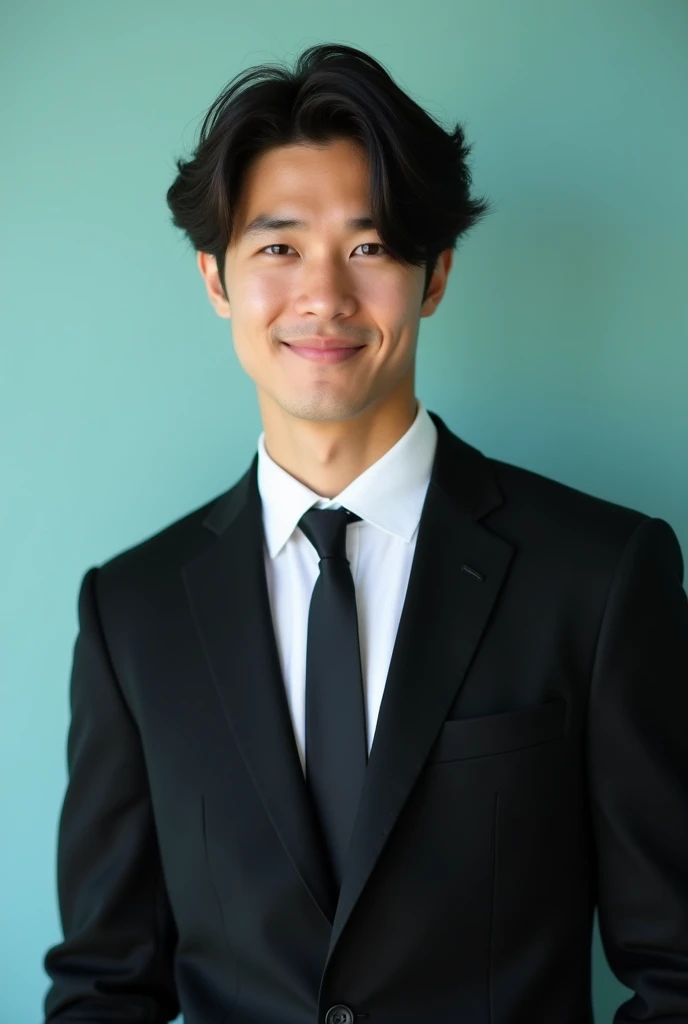 A young man with dark medium hair style  and the bread meduim. He is dressed in a black blazer and tai over a white shirt. The man is positioned against aqua colour backdrop with a subtle  and he posing for Facebook profile.