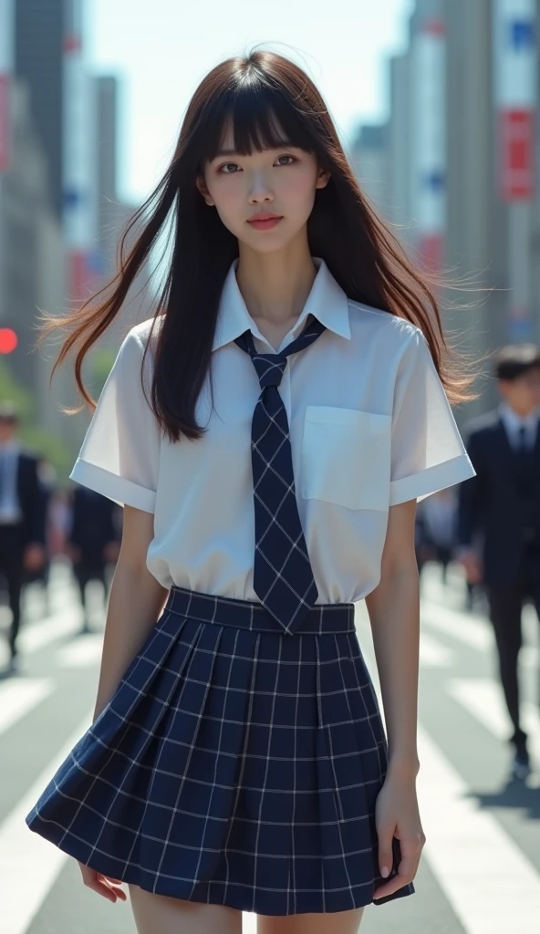 (Blunt bangs, Princess Bang))), (((Very heavy,Voluminous bangs:1.1))),(((very long, Very heavy,Very voluminous side locks:1.1))),, Hime cut, Straight bangs hairstyle, People with round faces and plain bangs, dull with long hair、Bangs cut straight,))High Fashion Portrait, (Highest quality, detailed,masterpiece:1.2), Realistic, 1 person, Beautiful woman, high school girl,Full Body Shot, Fashion Model, Dynamic pose, break small head, break (detailed buttocks, detailed legs, detailed body line, Beautiful breasts, , toned big breasts, Very small waist, Tight big ass,Beautiful muscular legs, Beautiful legs, Creates a sculptural beauty:1.2), Beautiful white, silky skin, A slim and beautiful neck, (Full Body Shot, Dynamic pose:1.2), break Opt for a sleek, (((High School Uniformの白い半袖のカッターシャツ,The collar buttons are open, He is wearing a navy blue tie loosely tied, socks, High School Uniform: 1.2, Navy blue tartan check skirt,White headphones hanging around his neck))) , Sharp angles and a sleek finish give it a futuristic feel., break small head, detailed face, ((Full body photo))((Directly facing)))looking at the camera,masterpiece，Highest quality，8k，クレイジーなdetailed，複雑なdetailed，超detailed，super quality，High detail(((The hem of the skirt is fluttering in the wind,))Costume,))looking at the camera(Realistic、Realistic:1.37)、,Highest quality, figure, 超detailedな, finely, 完璧なダイナミックな構figure, ((Taken in the middle of the scramble intersection)), Beautiful and fine details,Smiling a little,Model body type,, ,Women are paying attention, Her face is beautiful and delicate，Showing an otherworldly beauty。,Female model standing in a crowded city street,, Hair is fluttering in the wind,Fashion Model,looking at the camera,masterpiece，A bit backlit,The tip of her hair is visible