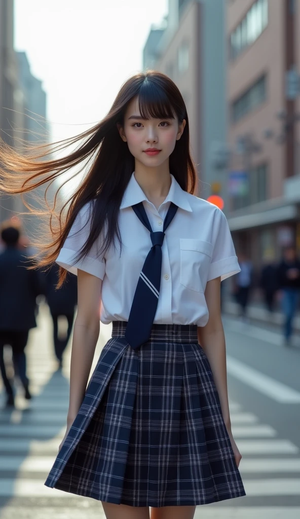(Blunt bangs, Princess Bang))), (((Very heavy,Voluminous bangs:1.1))),(((very long, Very heavy,Very voluminous side locks:1.1))),, Hime cut, Straight bangs hairstyle, People with round faces and plain bangs, dull with long hair、Bangs cut straight,))High Fashion Portrait, (Highest quality, detailed,masterpiece:1.2), Realistic, 1 person, Beautiful woman, high school girl,Full Body Shot, Fashion Model, Dynamic pose, break small head, break (detailed buttocks, detailed legs, detailed body line, Beautiful breasts, , toned big breasts, Very small waist, Tight big ass,Beautiful muscular legs, Beautiful legs, Creates a sculptural beauty:1.2), Beautiful white, silky skin, A slim and beautiful neck, (Full Body Shot, Dynamic pose:1.2), break Opt for a sleek, (((High School Uniformの白い半袖のカッターシャツ,The collar buttons are open, He is wearing a navy blue tie loosely tied, socks, High School Uniform: 1.2, Navy blue tartan check skirt,White headphones hanging around his neck))) , Sharp angles and a sleek finish give it a futuristic feel., break small head, detailed face, ((Full body photo))((Directly facing)))looking at the camera,masterpiece,Highest quality,8k,クレイジーなdetailed,複雑なdetailed,超detailed,super quality,High detail(((The hem of the skirt is fluttering in the wind,))Costume,))looking at the camera(Realistic、Realistic:1.37)、,Highest quality, figure, 超detailedな, finely, 完璧なダイナミックな構figure, ((Taken in the middle of the scramble intersection)), Beautiful and fine details,Smiling a little,Model body type,, ,Women are paying attention, Her face is beautiful and delicate,Showing an otherworldly beauty。,Female model standing in a crowded city street,, Hair is fluttering in the wind,Fashion Model,looking at the camera,masterpiece,A bit backlit,The tip of her hair is visible