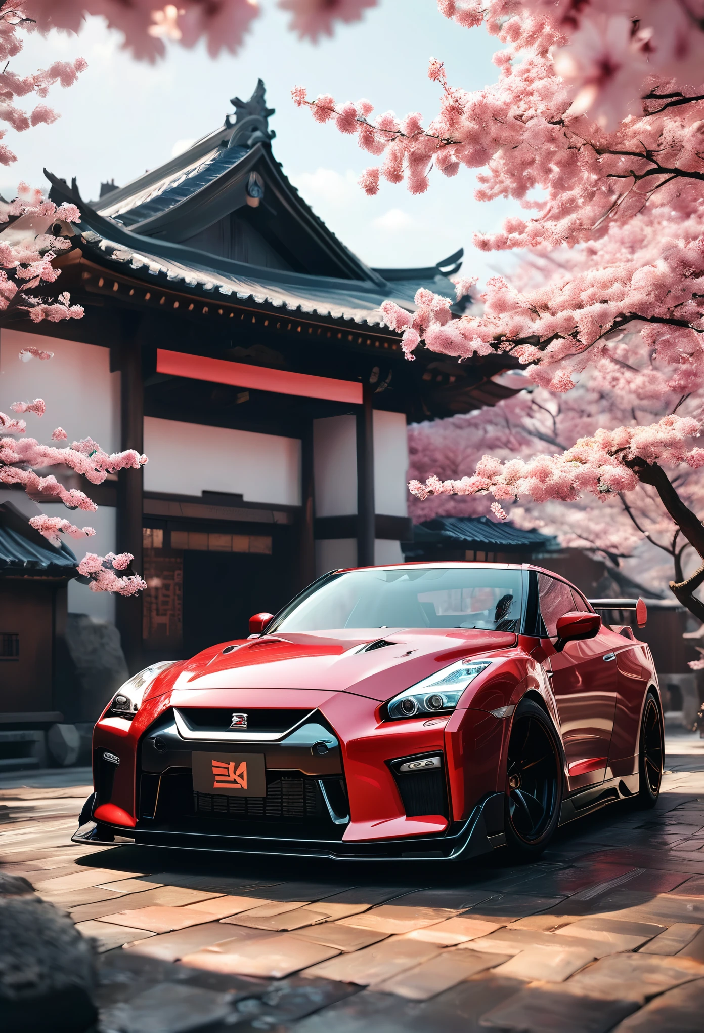 A masterfully crafted 8k art photography of a sleek, modified Nissan GTR NISMO in JDM color, showcasing black and red metallic tones. The car is meticulously placed amidst a serene Japanese temple, surrounded by vibrant red cherry blossom sakura petals that float through the air. The composition is a seamless blend of photorealistic concept art and cinematic lighting, reminiscent of the masterful techniques employed by Raphael, Caravaggio, and Greg Rutkowski. The render showcases natural volumetric lighting, with soft, perfect shadows that evoke a chiaroscuro effect. The image pays homage to the works of artists such as Beeple, Beksinski, and H.R. Giger and is sure to captivate and inspire viewers with its breathtaking beauty and attention to, 3d render, cinematic, photo